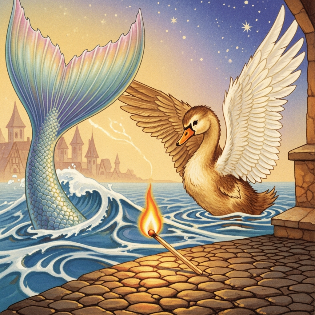 An illustration representing Hans Christian Andersen's fairy tales. Show iconic elements like a mermaid's tail, an ugly duckling transforming into a swan, and a matchstick, blended artistically. Style: classic illustration, warm colors, no text.