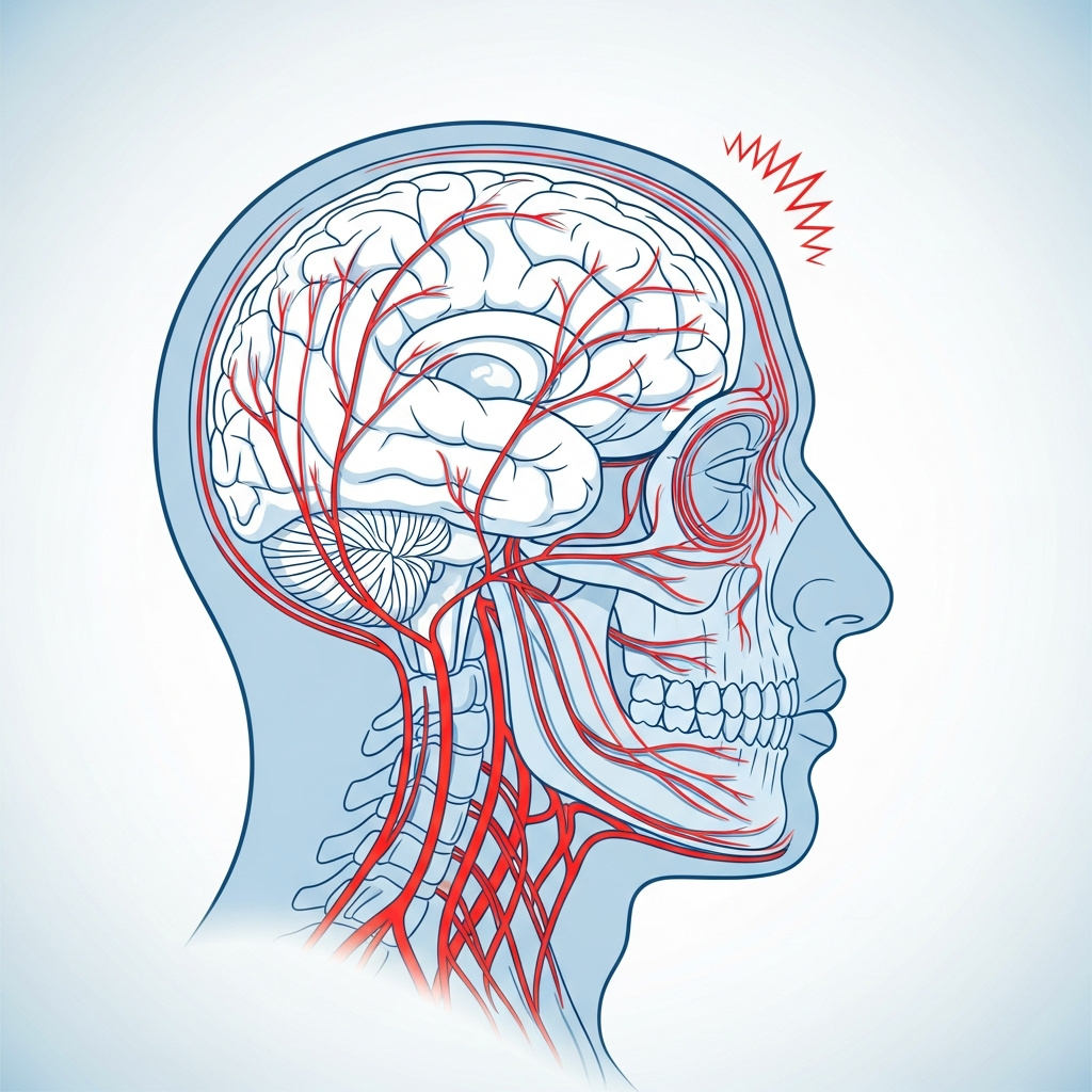 Illustration of a human head in profile showing nerve pathways highlighted, with stress indicators like tension marks. Medical infographic style, cool blue and red tones, clean design, no text.