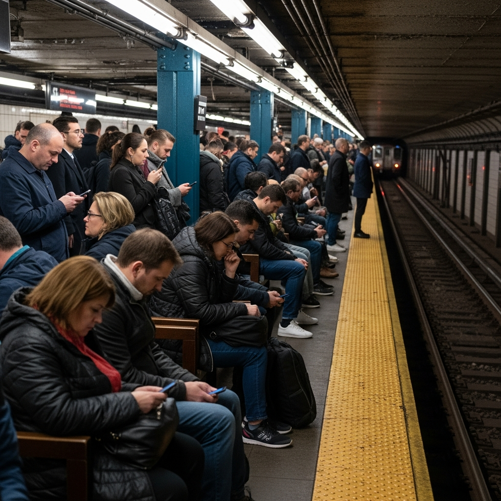 Busy New York City subway platform with diverse passengers waiting for trains, realistic photography style, natural lighting, crowded urban transit environment, no text