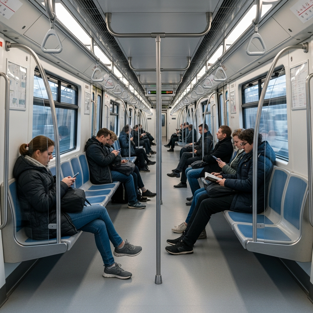 Interior of a modern subway train car with neat seating arrangement, passengers sitting properly, clean and organized environment, realistic transportation setting, no text
