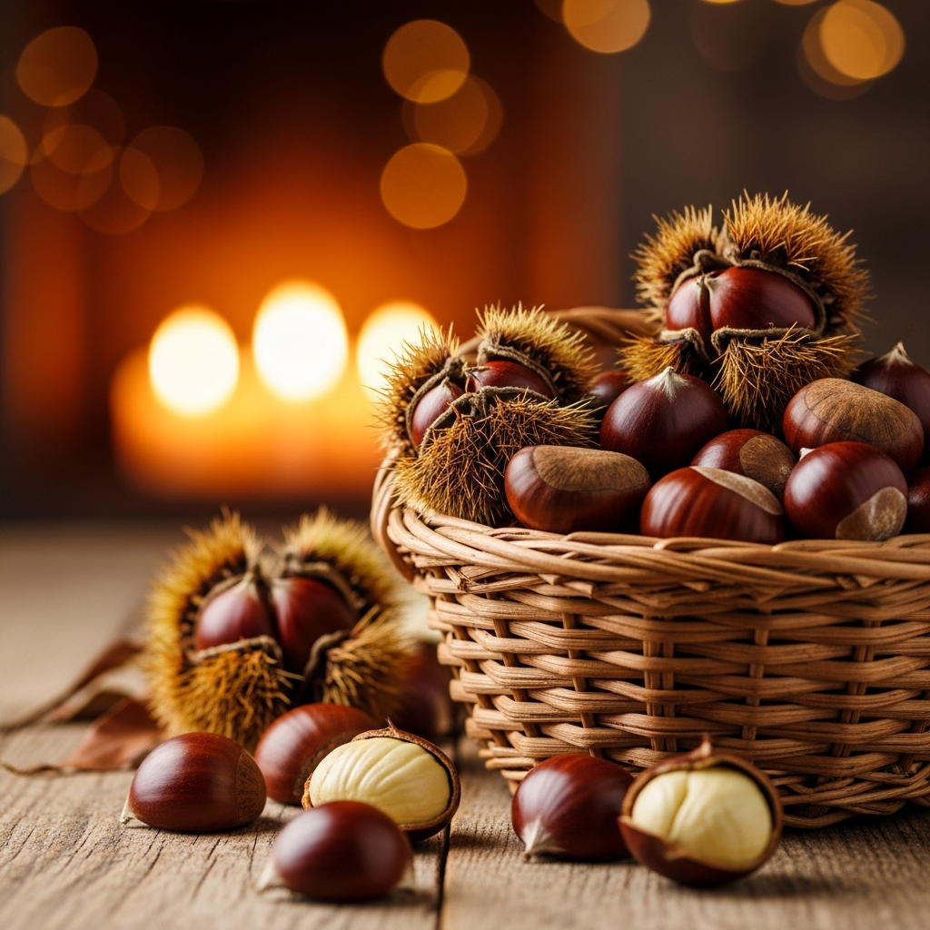 A cozy autumn scene with a basket overflowing with freshly harvested chestnuts, some peeled and some in their shells, perhaps with a soft, warm light in the background. Lifestyle photography, no text.