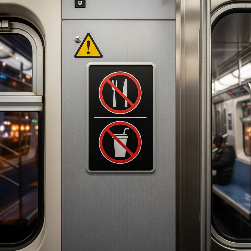 Informational signage about food and beverage restrictions in subway car, clear warning symbols, professional transit signage design, realistic subway environment, no text