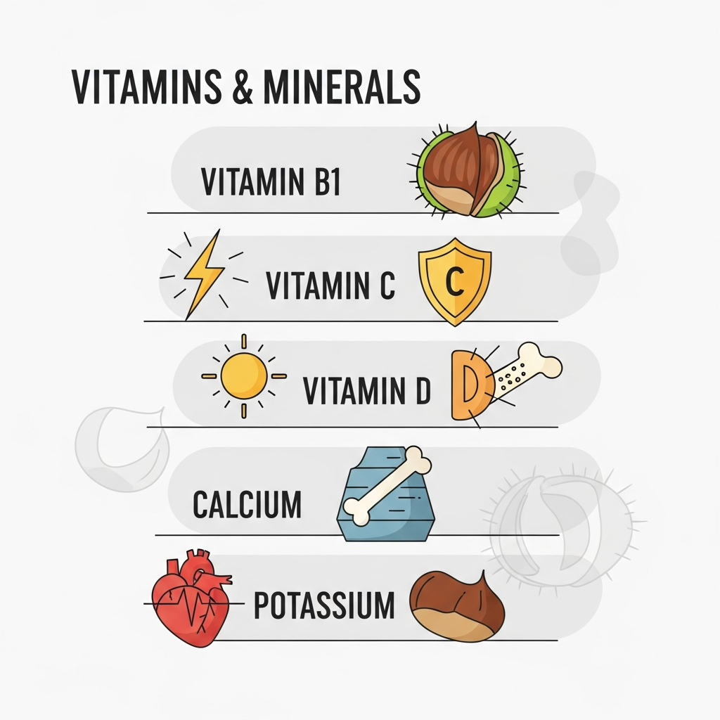 A clean infographic showing the various vitamins (B1, C, D) and minerals (calcium, potassium) found in chestnuts, with illustrative icons for each benefit (e.g., a lightning bolt for energy, a shield for immunity). Clean infographic style, no text.