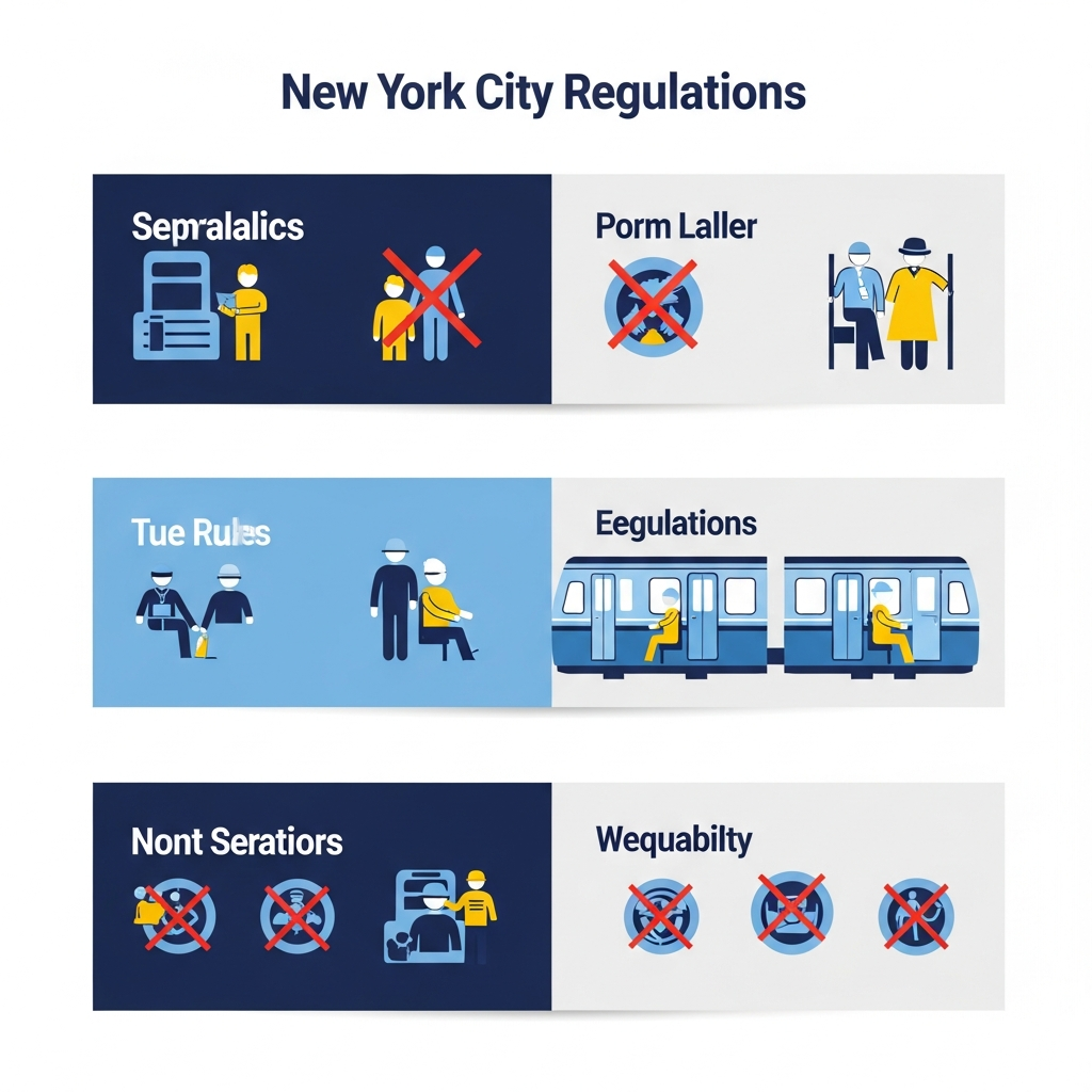 Informational guide showing New York subway regulations and rules, professional infographic style with icons and clear messaging, transit safety information, no text