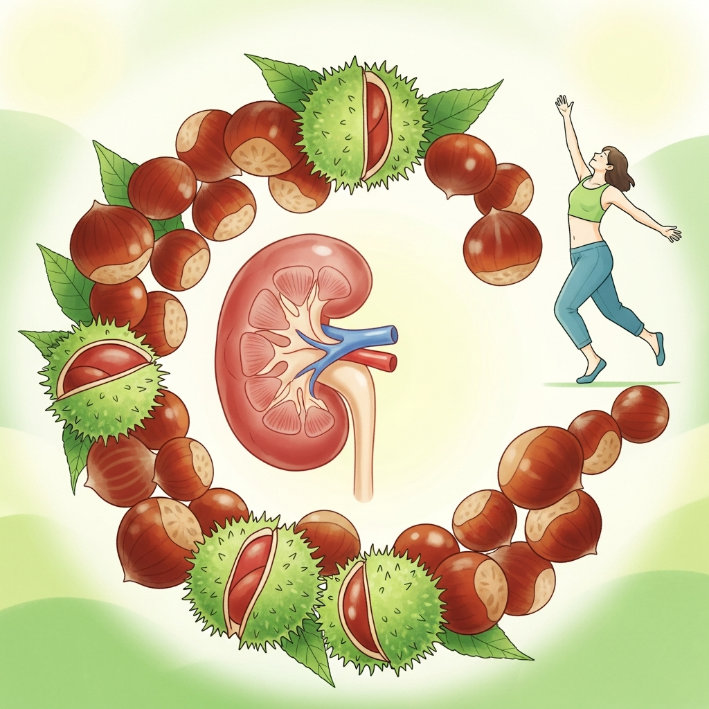 A metaphorical illustration showing a healthy kidney surrounded by chestnut illustrations, and a person feeling light and energetic, indicating weight management and good digestion. Soft, illustrative style, no text.