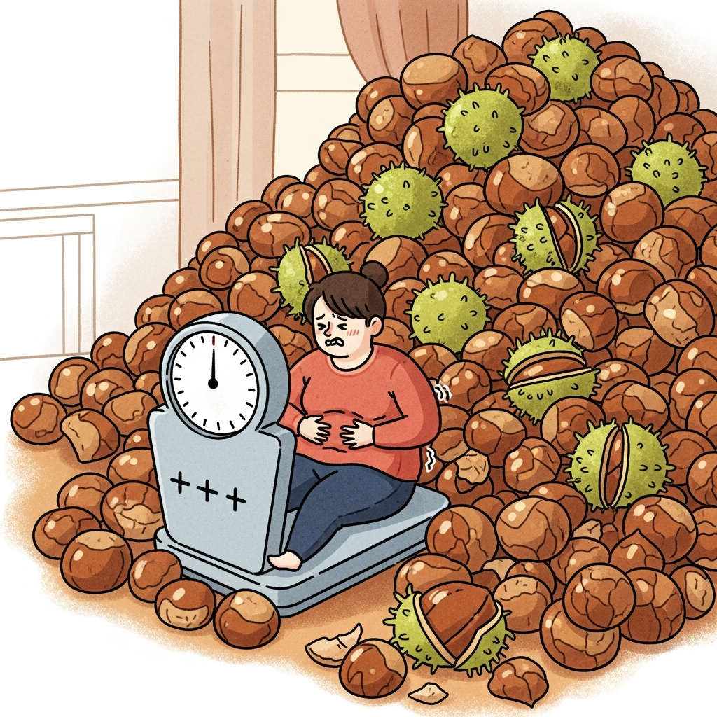 An illustrative scene showing a person looking uncomfortable, perhaps with a stomachache or a scale indicating weight gain, surrounded by an excessive amount of chestnuts, conveying the idea of negative side effects from overconsumption. Illustrative style, no text.