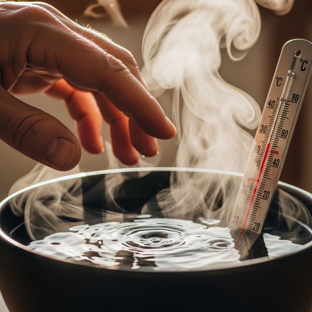 Close-up view of a hand cautiously approaching steaming hot water, showing the contrast between liquid heat and skin sensitivity. Include water vapor rising, realistic skin texture, and a thermometer showing high temperature. Natural lighting, lifestyle photography style, no text.