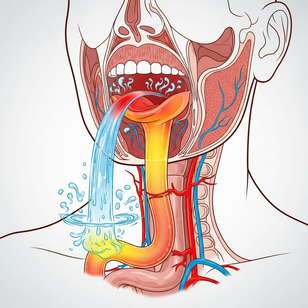 Anatomical cross-section illustration showing hot water passing through the mouth, throat, and esophagus, with temperature gradients indicated by color changes from red to orange to yellow. Include saliva interaction and blood flow visualization. Educational infographic style, no text.
