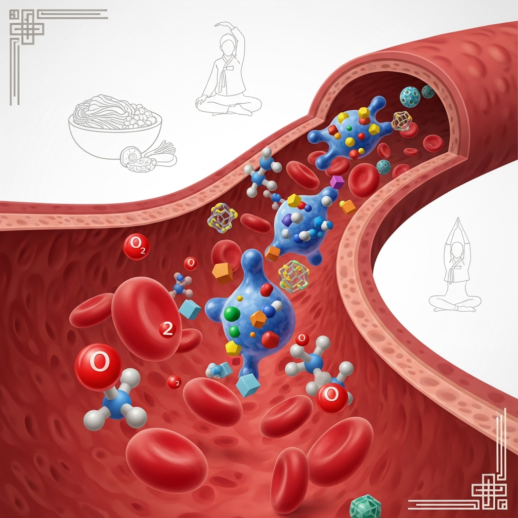 A detailed illustration showing blood cells and protein molecules transporting nutrients through the circulatory system. Include realistic depiction of albumin proteins as carrier molecules moving through vessels with oxygen and nutrients. Style: clean medical infographic with natural lighting, no text, showing Korean-style healthy lifestyle elements.