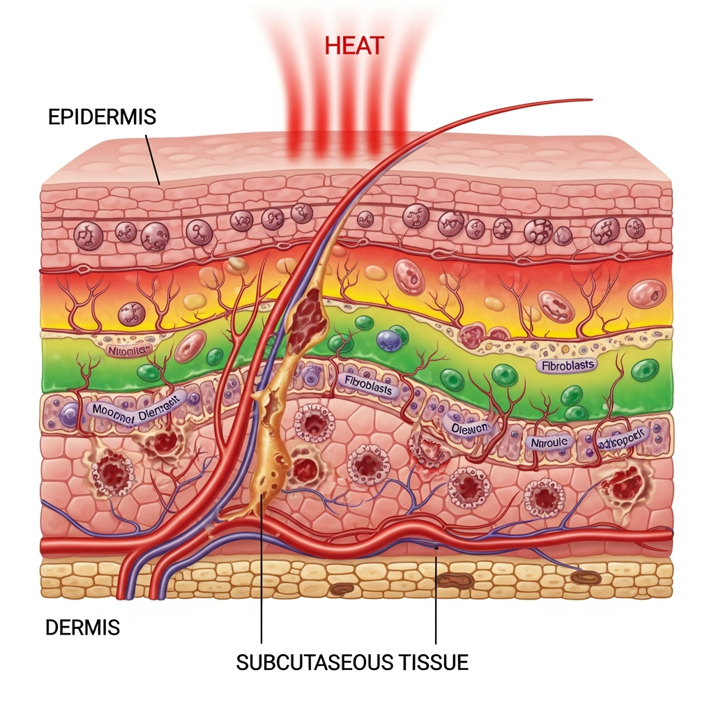 Detailed cross-section of skin layers showing heat penetration and cellular damage progression. Display epidermis, dermis, and subcutaneous tissue with color-coded heat zones. Include damaged cell structures and inflammation indicators. Medical illustration style, realistic details, no text.