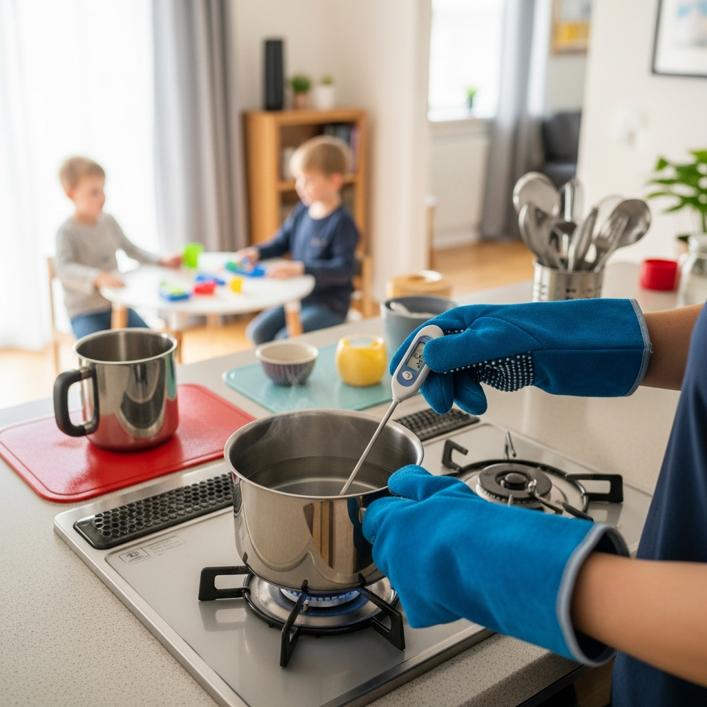 Household scene showing safe handling of hot water - person wearing heat-resistant gloves, checking water temperature with thermometer, keeping hot containers away from table edges, children at safe distance. Include safety equipment like gloves and protective gear. Lifestyle photography, realistic home setting, no text.