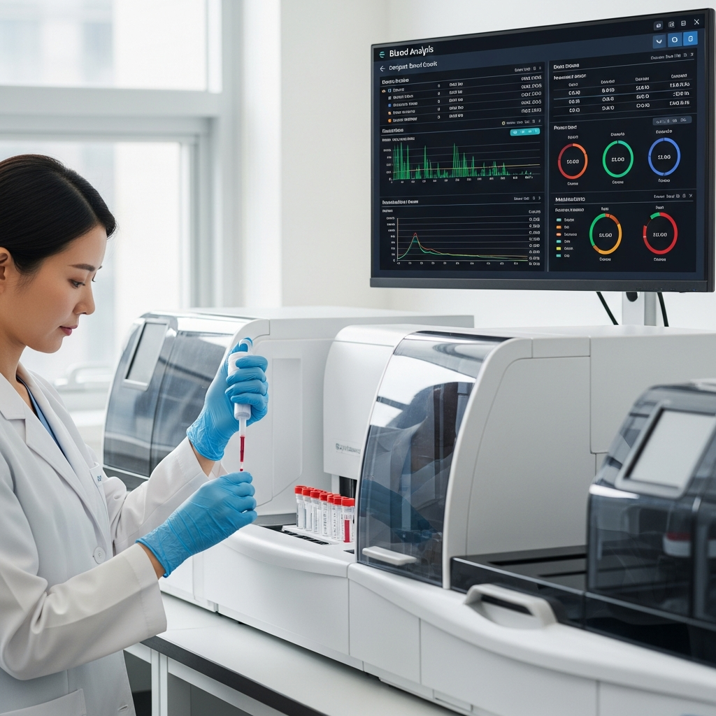 A realistic medical scene showing a Korean healthcare professional performing a blood test with modern laboratory equipment. Include detailed visualization of blood analysis results on a screen. Style: professional medical photography with clean, clinical aesthetic, natural lighting, no text.