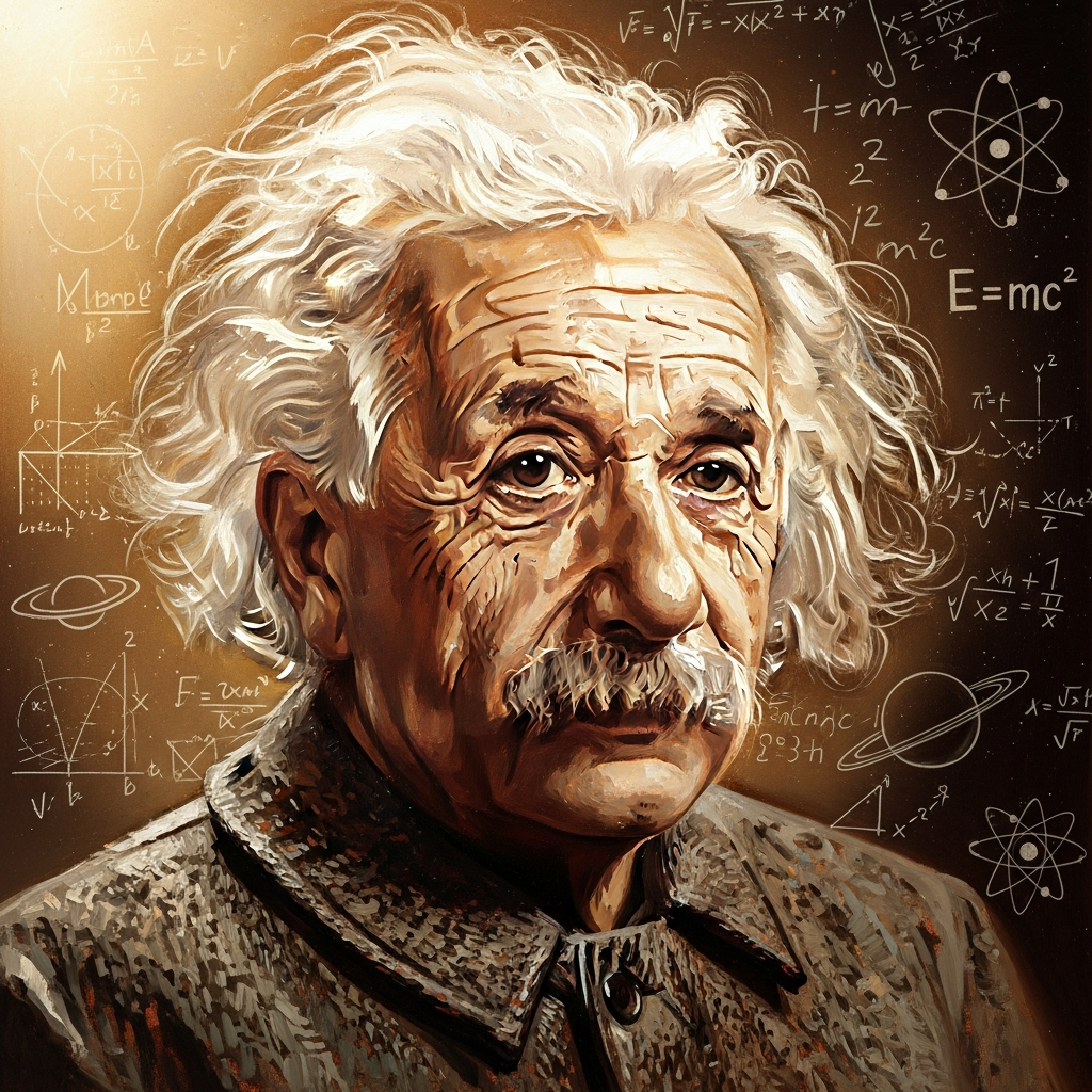 Portrait of Albert Einstein with wild hair in a thoughtful pose, surrounded by faint illustrations of equations and scientific symbols, warm lighting, realistic oil painting style, no text