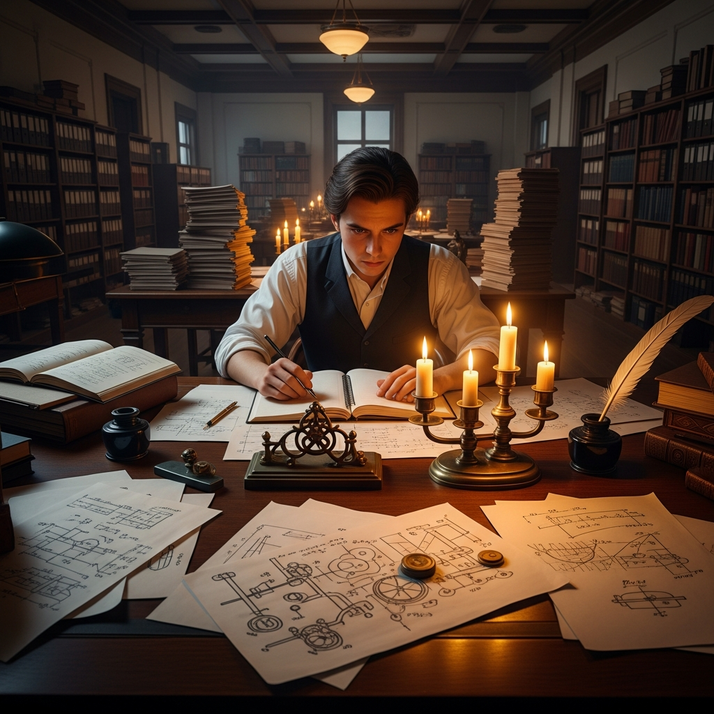 Young scientist working at a desk in early 1900s patent office, surrounded by papers with equations and diagrams, warm candlelight, focused expression, realistic period setting, no text