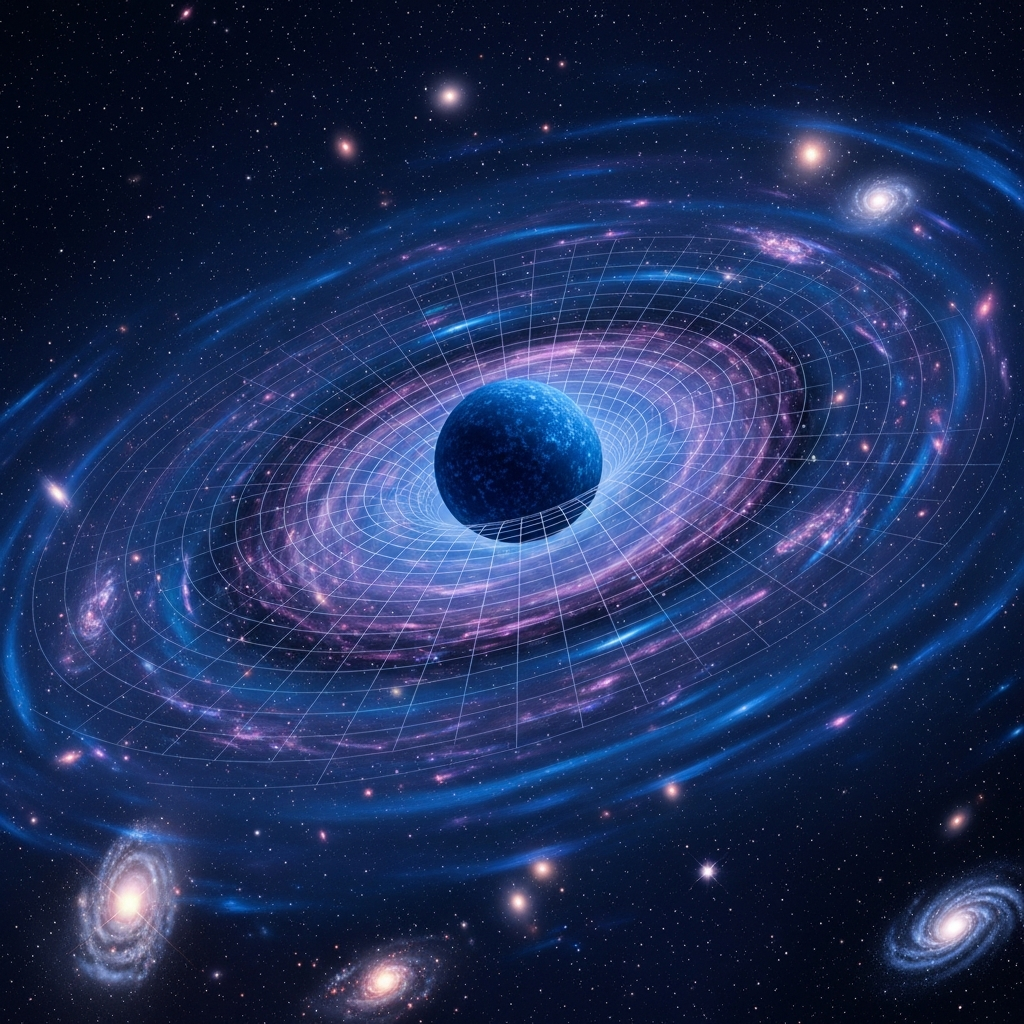 Visualization of spacetime curvature around massive objects, showing how gravity bends space and time, cosmic background with galaxies and stars, clean scientific illustration style, deep blue and purple tones, no text