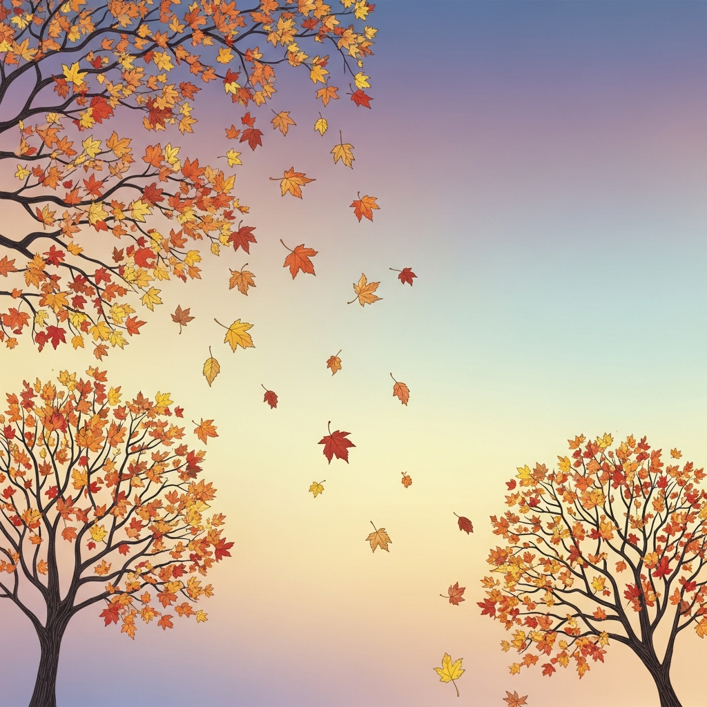 A serene image of colorful autumn leaves gently falling from trees, representing nature's preparation for winter, soft natural light, dreamlike illustration, colored background, no text