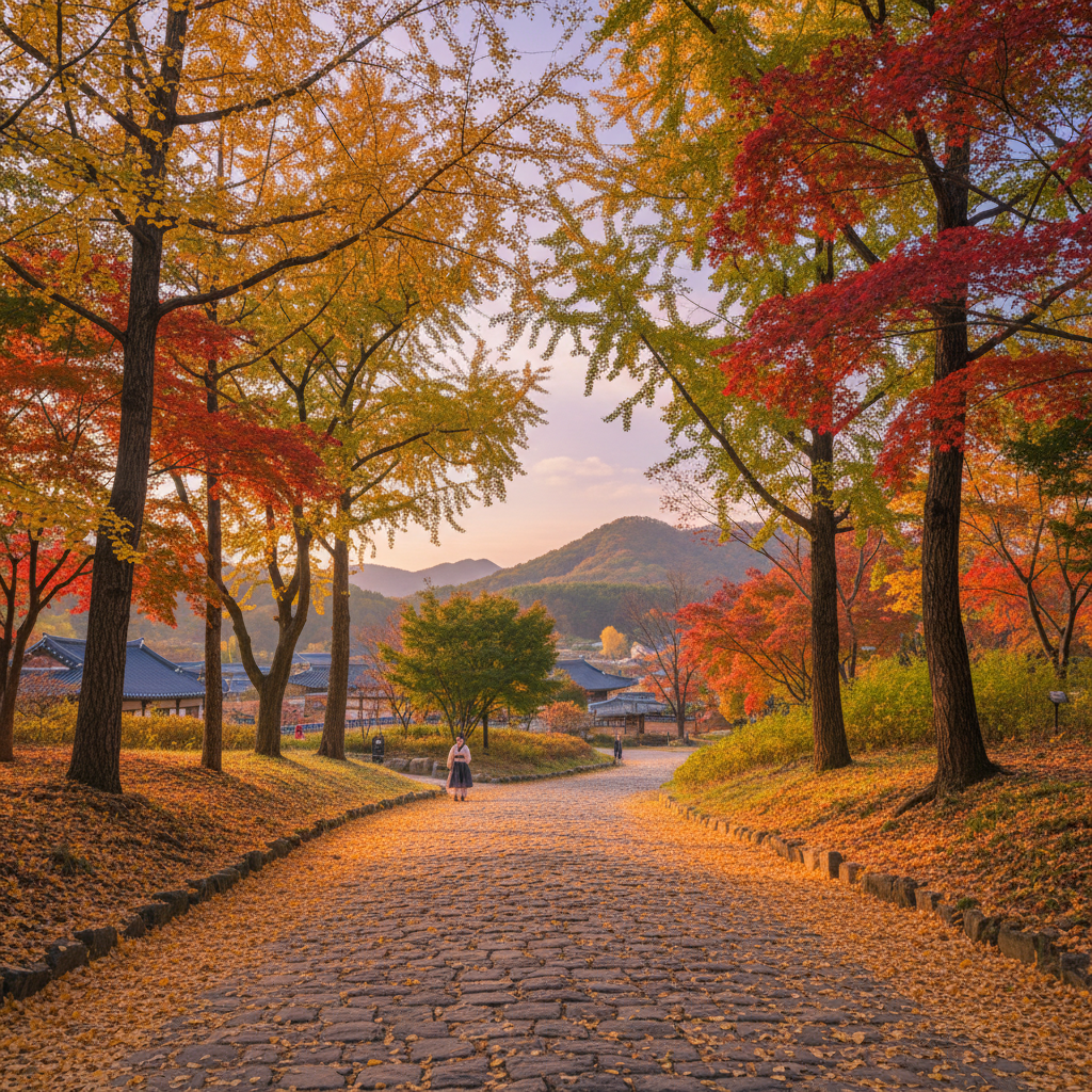 A vivid lifestyle scene showing autumn trees with both red and yellow leaves and green leaves, a winding path with fallen leaves, warm lighting, colored background, Korean setting, no text