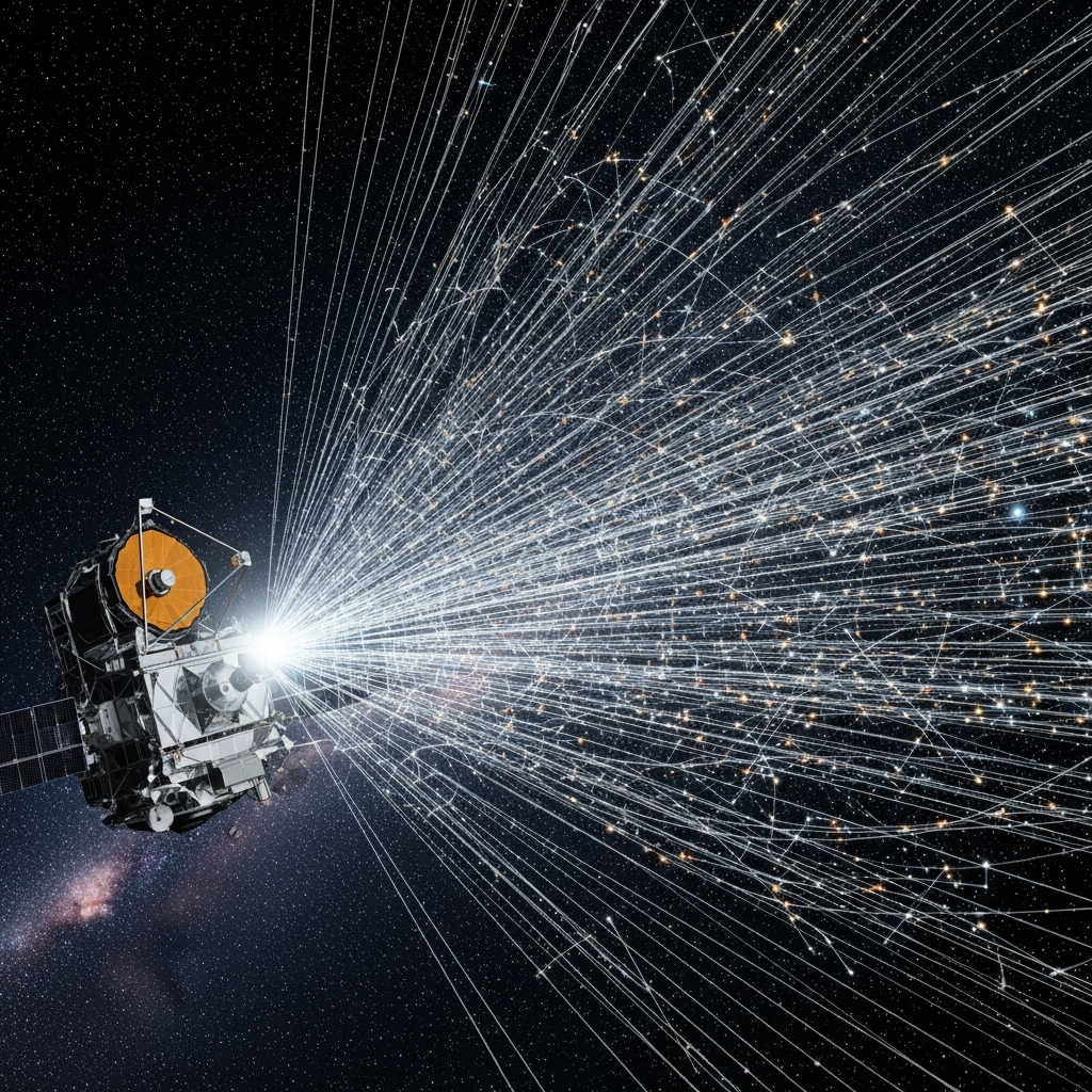 A detailed depiction of the Gaia space telescope in orbit, with an abstract visualization of the vast amount of stellar data it collects, showing interconnected stars and trajectories. Style: sophisticated scientific illustration. No text.