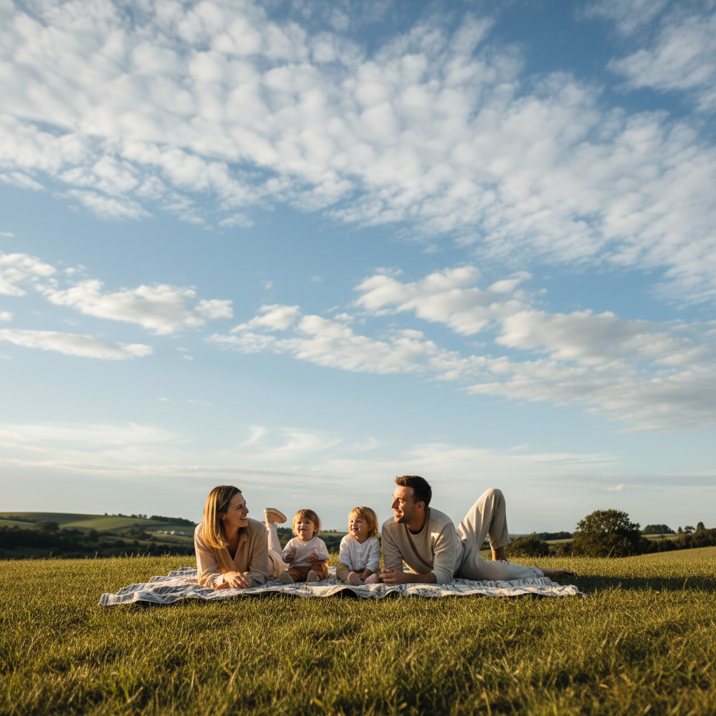 Peaceful lifestyle photography of a family observing clouds outdoors, clear sky with various clouds, warm lighting, natural setting, no text