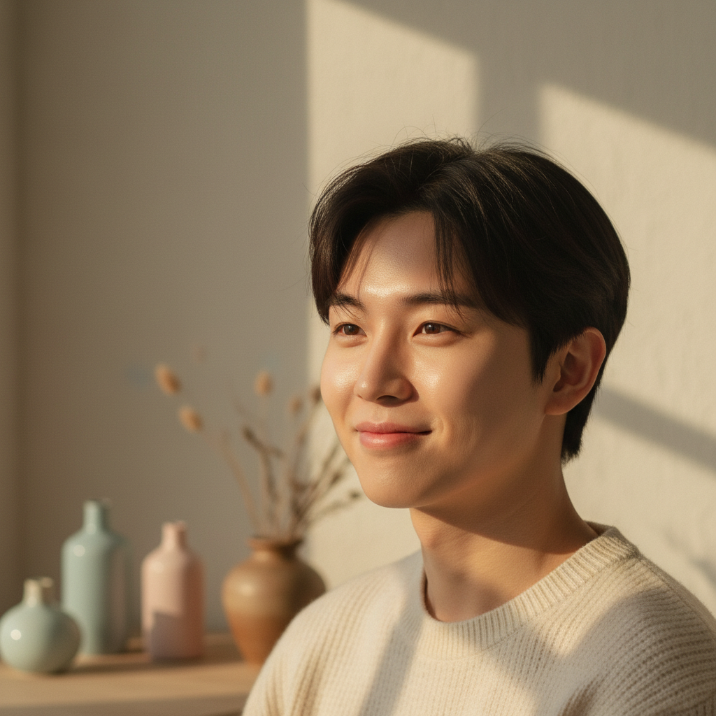 A Korean person with clear, calm skin smiling contentedly, warm light casting gentle shadows, a serene indoor background with soft colors, no text