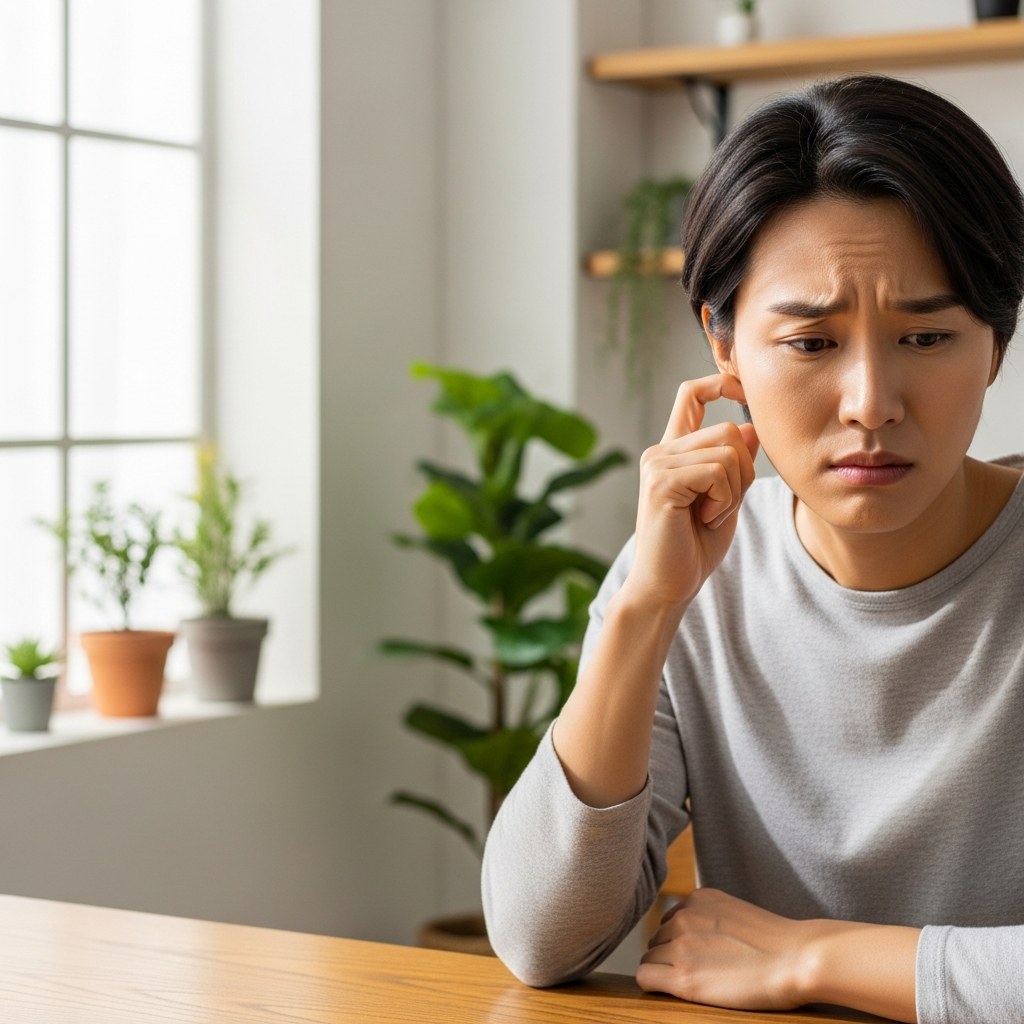 A Korean person touching their ear with a concerned expression, sitting in a bright room. Show subtle discomfort and confusion in their face. Realistic, lifestyle photography style with natural lighting. No text.