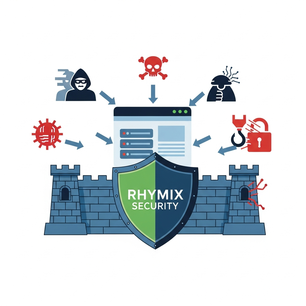 A professional infographic illustrating a strong digital fortress or a shield protecting a website (represented by a server icon) from various cyber threats (represented by hacker icons, malware symbols). The shield is clearly labeled "Rhymix Security," emphasizing robust protection. Clean infographic style, no text in image.