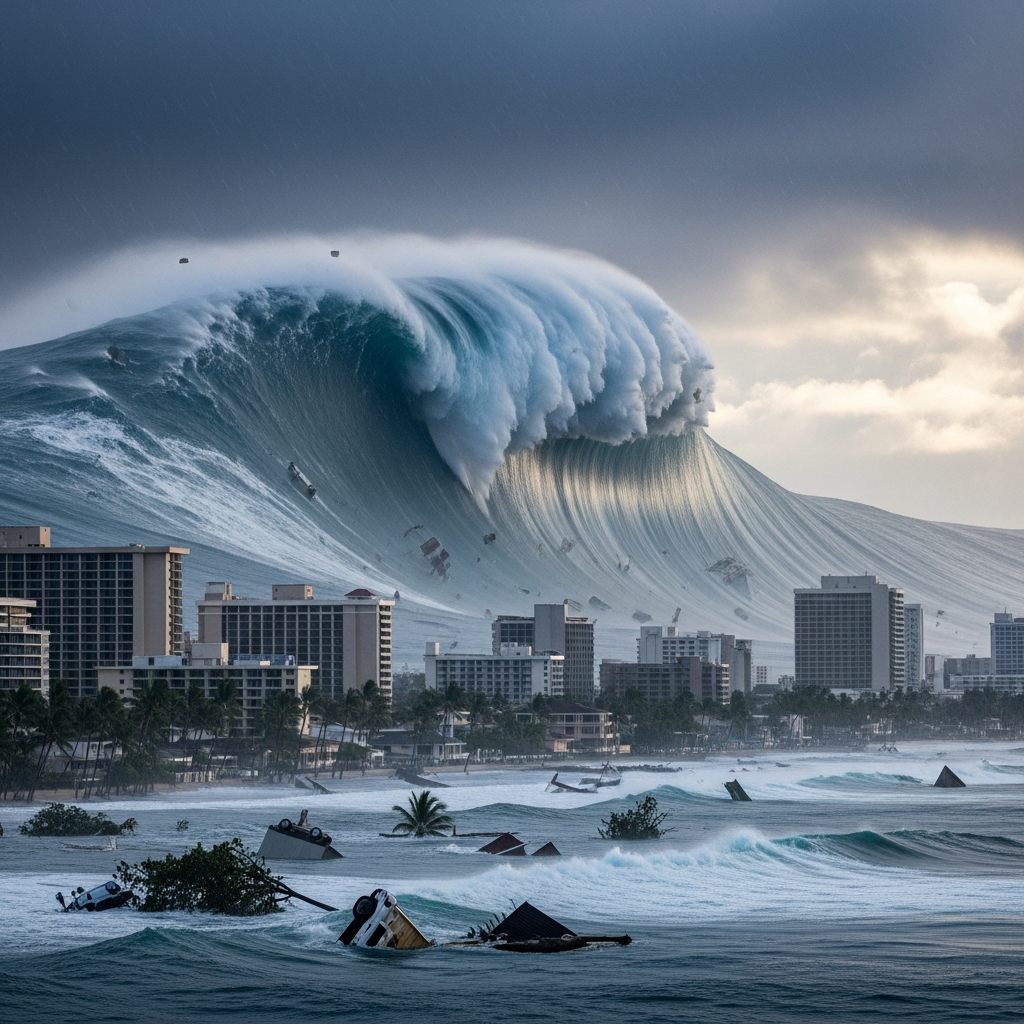 A massive tsunami wave towering over coastal settlements, with water engulfing buildings and palm trees. The wave appears catastrophic and destructive. Realistic disaster scene with dramatic ocean dynamics, no text.