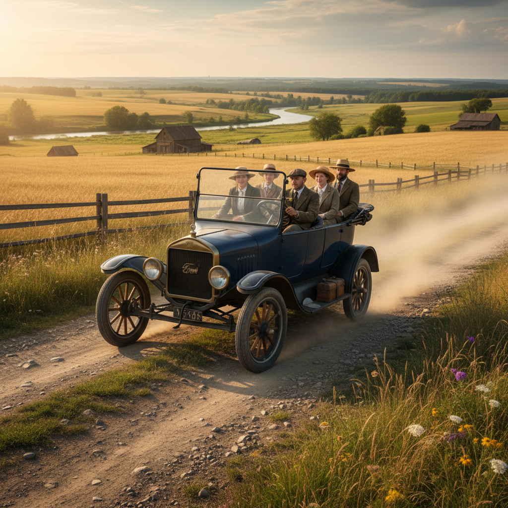 Lifestyle photography of an old Ford Model T car driving on a bumpy unpaved road in a rural setting, practical and durable look, warm lighting, natural setting, no text