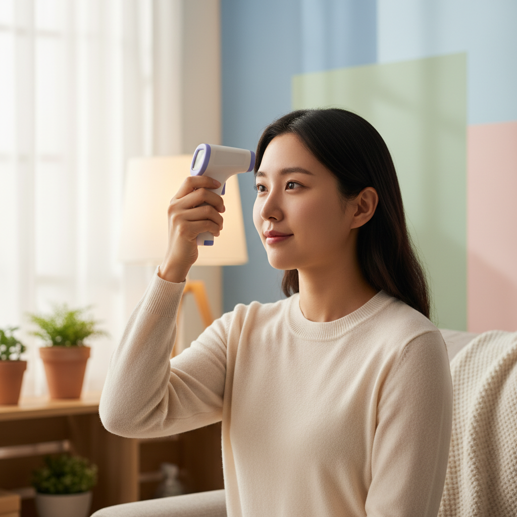 A Korean person gently measuring their body temperature with a modern thermometer, emphasizing health and care, cozy indoor setting, soft lighting, natural expression, colored background, no text