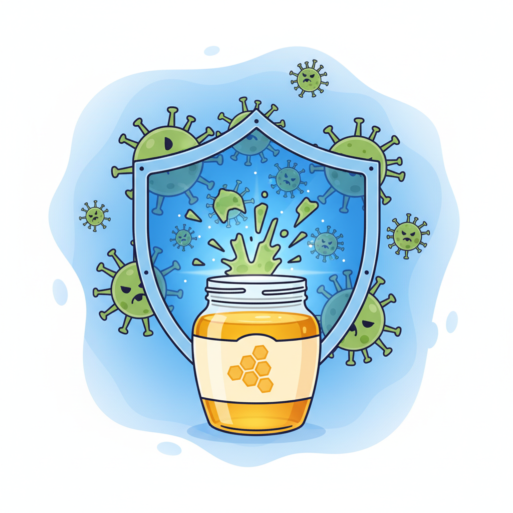 A modern infographic style image illustrating a shield protecting against germs, with a Manuka honey jar in the foreground, clean layout, high contrast, blue and white gradient background, no text