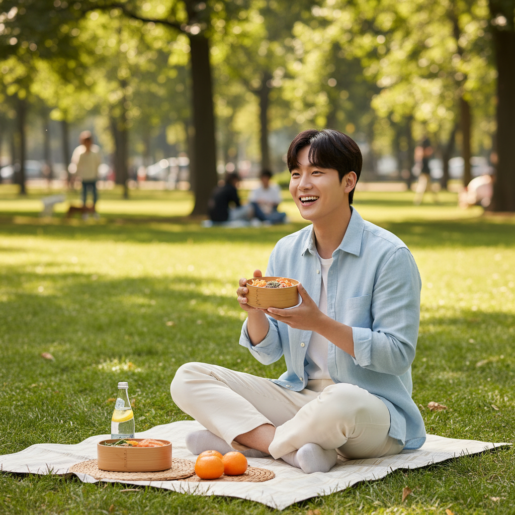 A smiling Korean person enjoying a light meal outdoors, vibrant lifestyle photography, bright green park background, no text