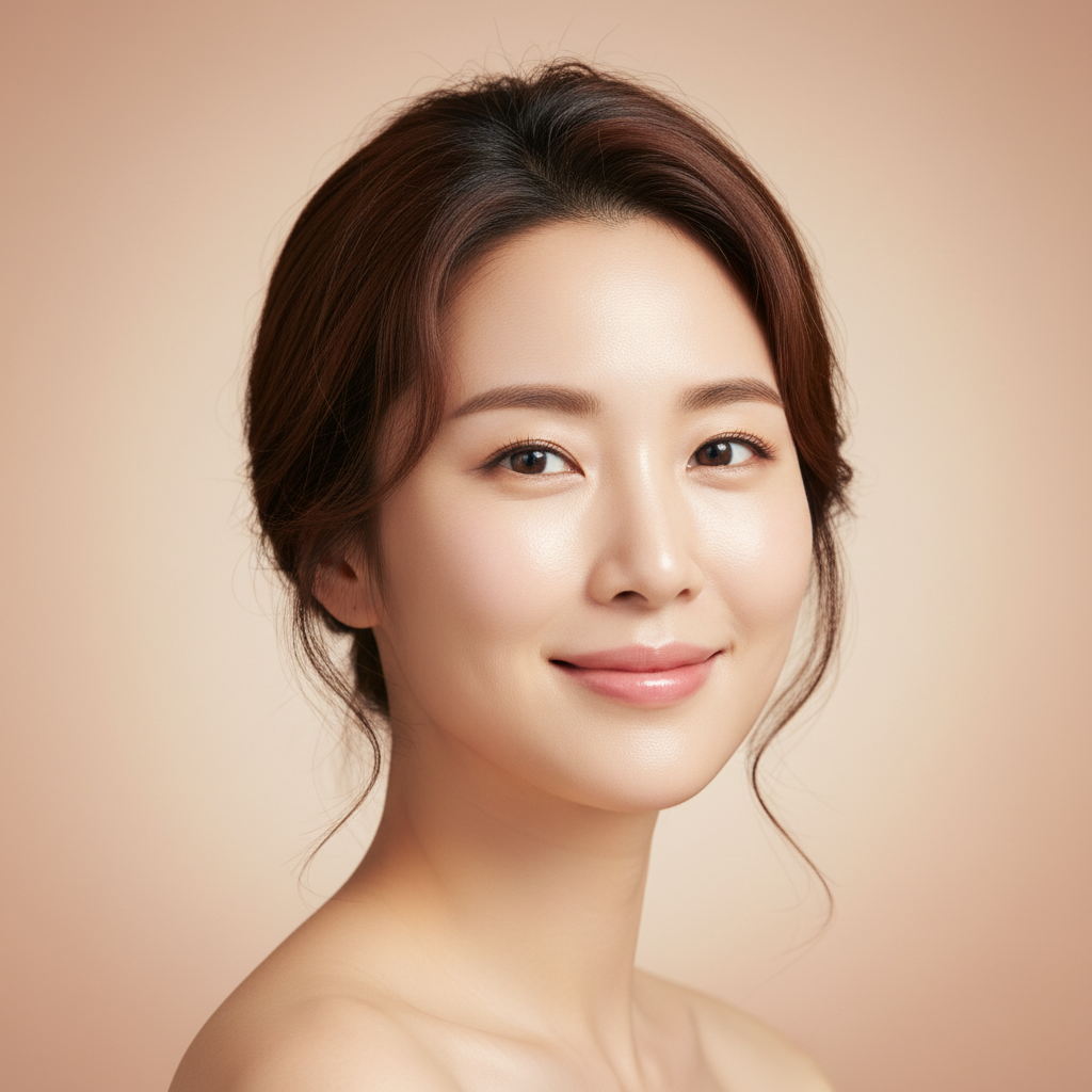 A close-up portrait of a Korean woman in her 30s with clear, radiant skin, smiling gently. The background is a soft, natural gradient, emphasizing her healthy glow. No visible text. Style: lifestyle photography, natural lighting, soft focus.