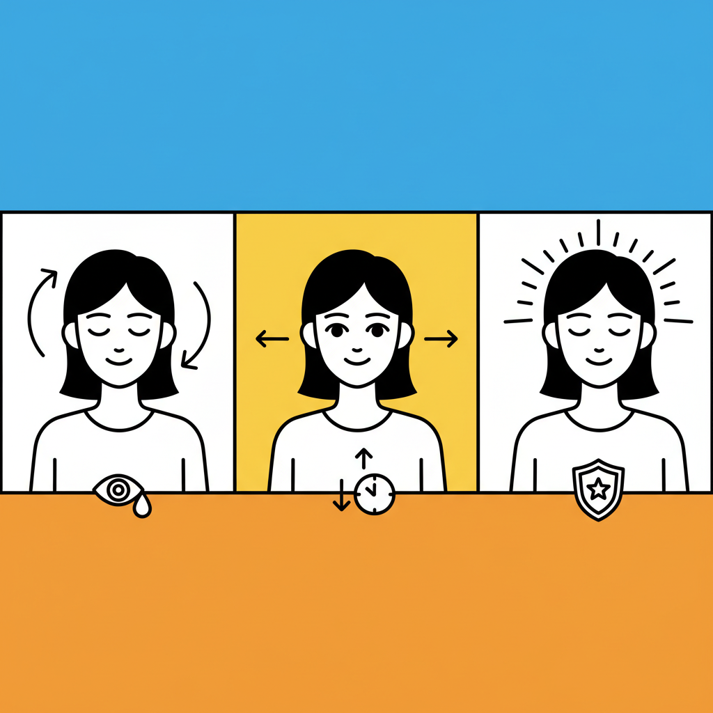 a Korean person consciously blinking or doing simple eye exercises, emphasizing eye care, clean infographic, modern layout, high contrast, vibrant colored background, no text