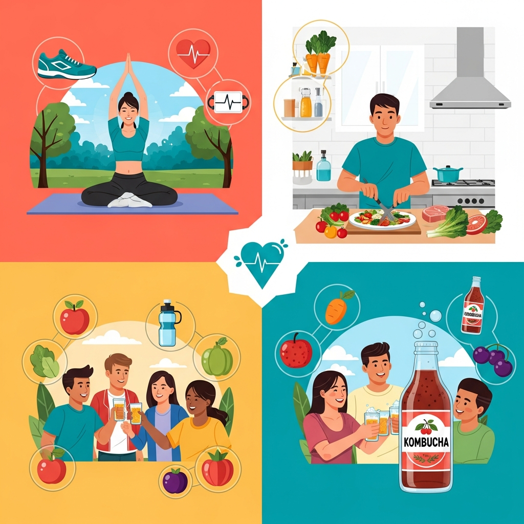 A vibrant infographic showing healthy lifestyle habits including exercise, balanced meals, and kombucha consumption. Include diverse Korean people in various wellness activities with warm, motivating colors. No text.