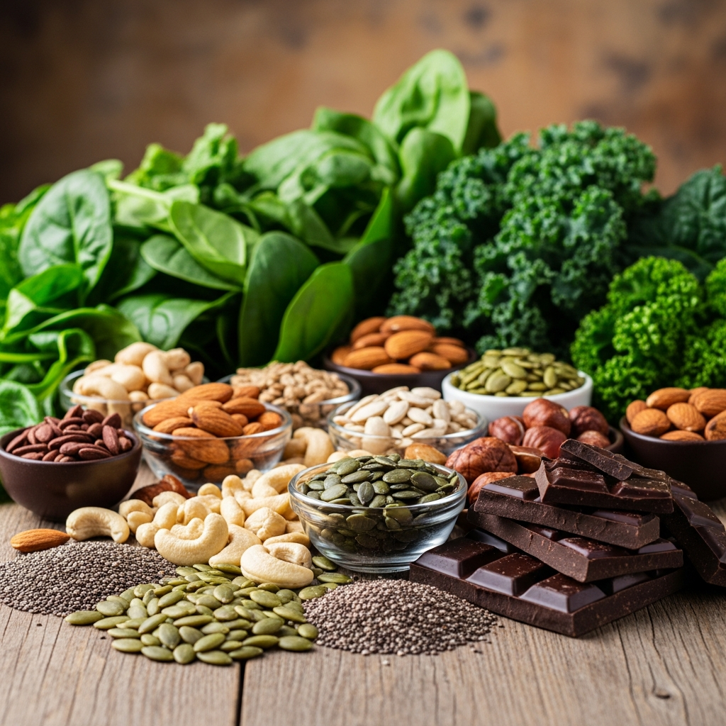 A vibrant display of magnesium-rich foods like leafy greens, nuts, seeds, and dark chocolate on a wooden table, with natural lighting, textured background, no text