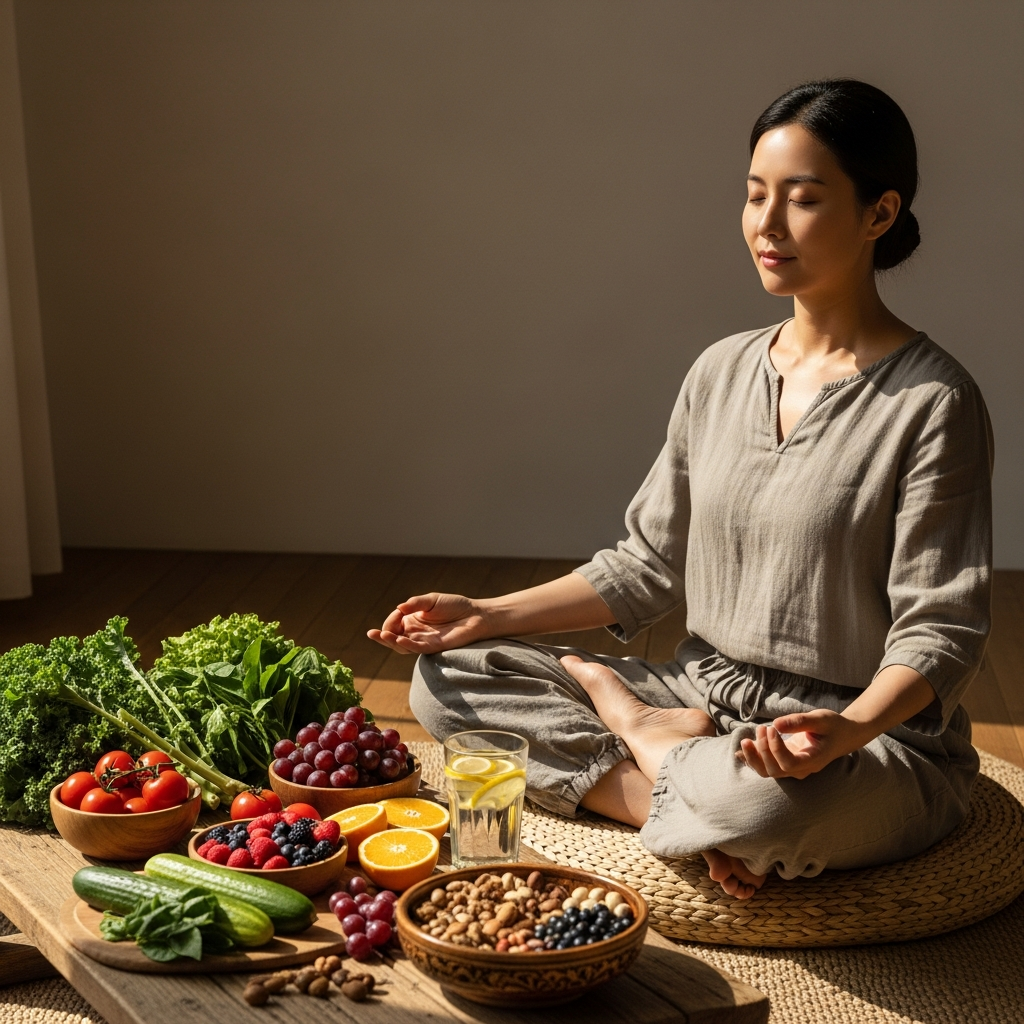 A serene Korean person meditating or doing light stretching, surrounded by fresh, healthy low-sodium foods like vegetables and fruits on a table. The atmosphere is calm and healthful. Lifestyle photography, no text.