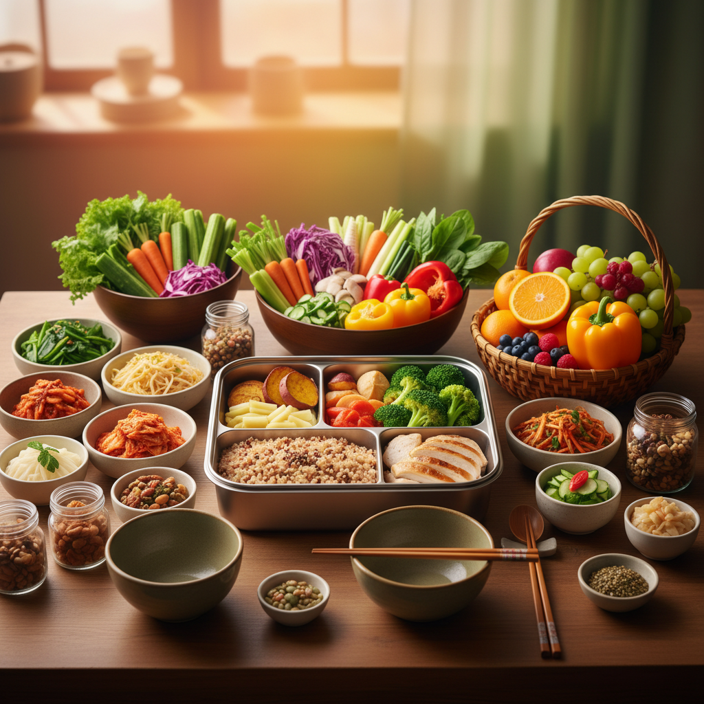 A vibrant meal prep scene with various colorful vegetables, fruits, and whole grains, showcasing healthy eating habits for a Korean person. Warm, natural lighting with a soft gradient background. No visible text in image.