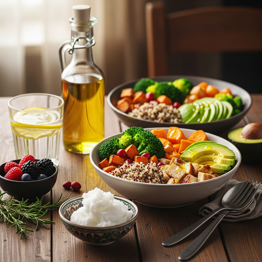 Realistic depiction of a healthy meal incorporating coconut oil, lifestyle photography, rich background, no text
