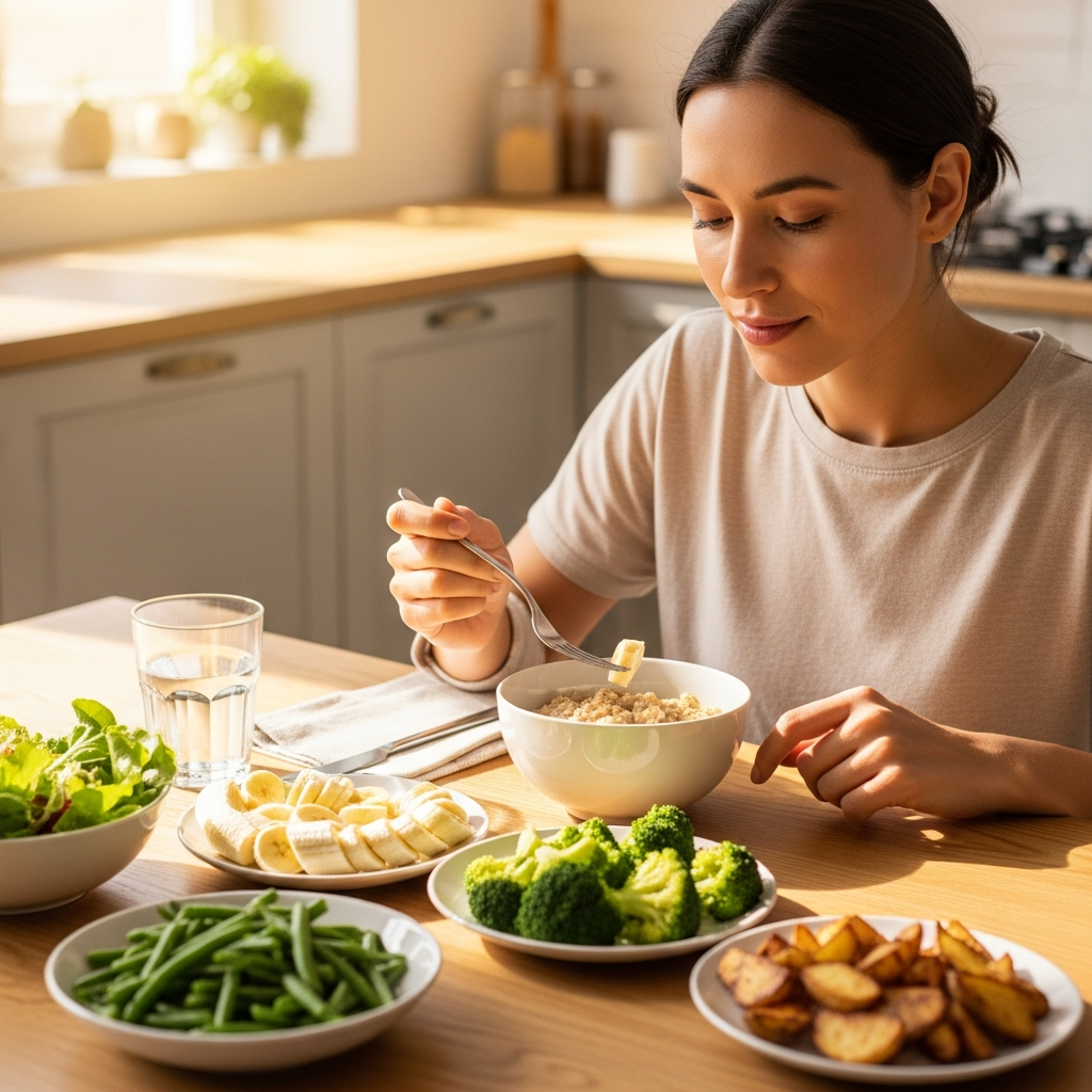 A table with various healthy foods like porridge, banana, steamed vegetables, and potato. Person eating slowly with a peaceful expression. Warm, natural lighting in a bright kitchen. Lifestyle photography style. No text.