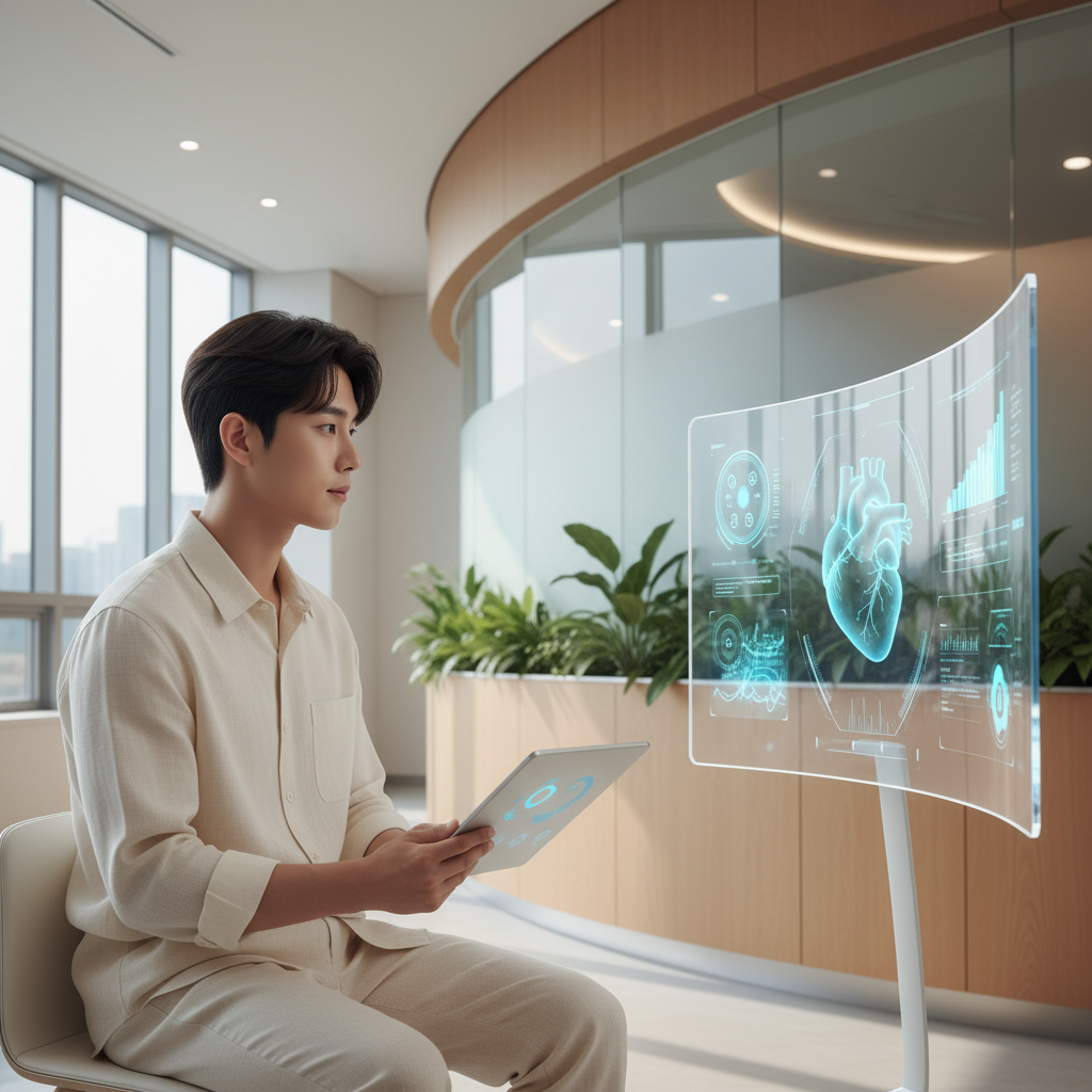 A realistic depiction of a Korean person checking their health, perhaps looking at a monitor or holding a medical report, clean and modern style, natural lighting, textured background, no text