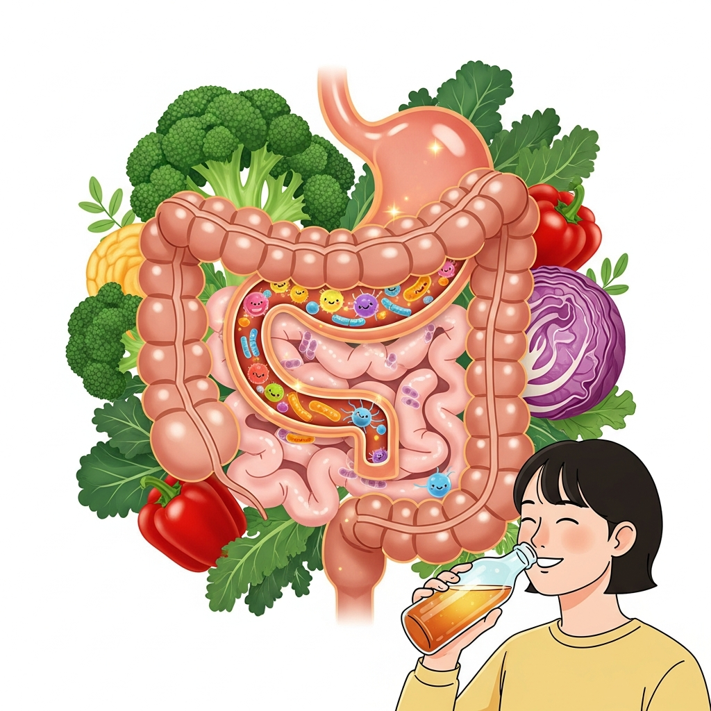Conceptual illustration of healthy gut and digestive system with probiotic bacteria, fresh vegetables and kombucha bottle, clean medical illustration style, warm and positive mood, Korean person drinking kombucha, no text in image