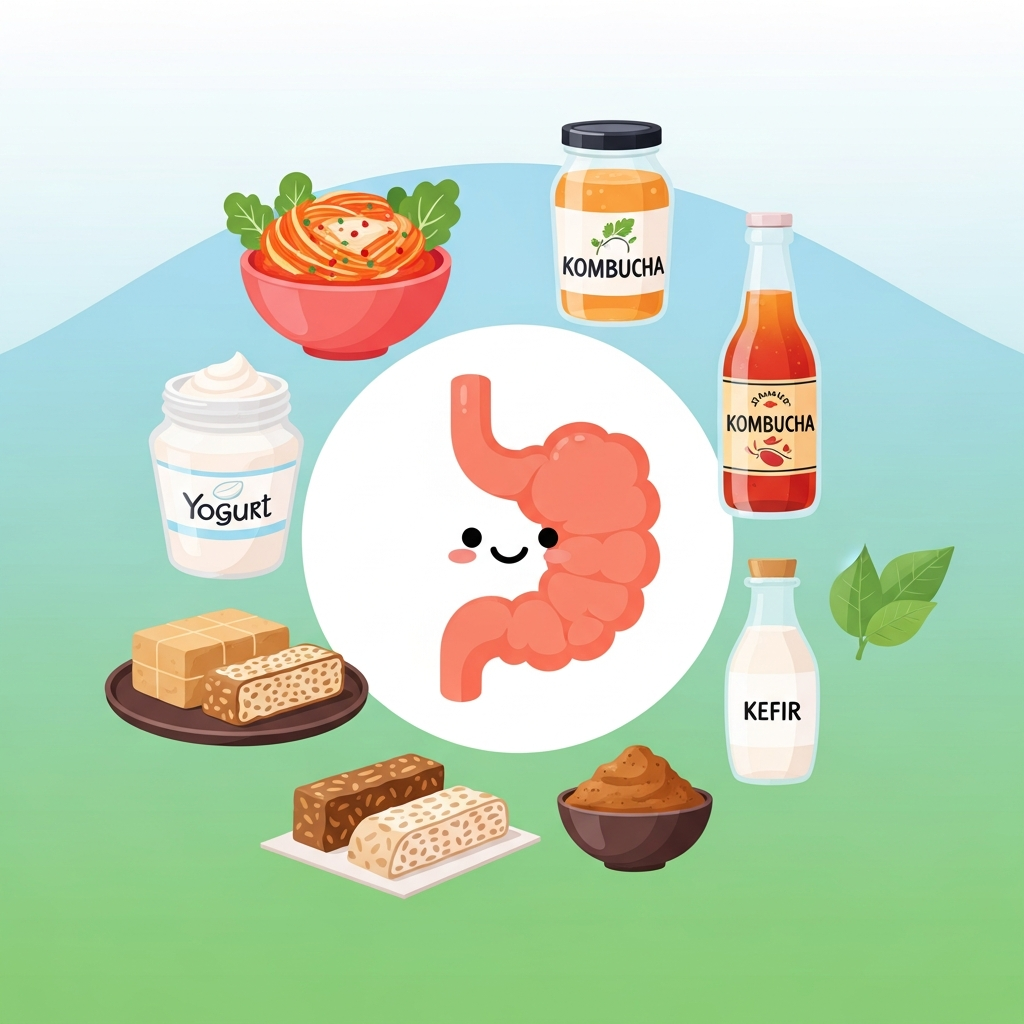 A clean infographic showing various fermented foods like kimchi, yogurt, and kombucha bottles, with a happy gut illustration, modern layout, gradient background, no text, no visible text