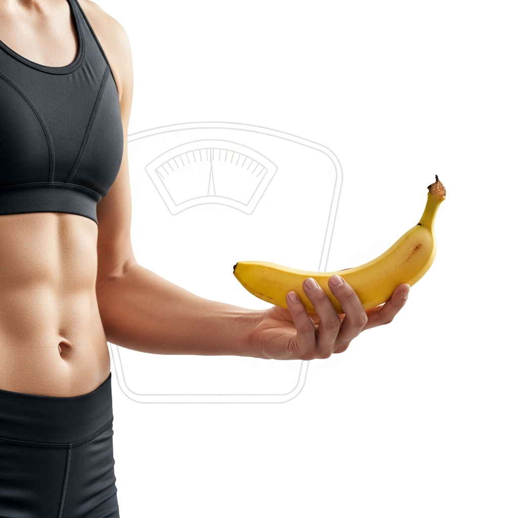 A clean infographic-style image showing a fit person holding a banana with a subtle weight scale in the background. Natural lighting, minimalist design with focus on the banana and healthy lifestyle elements. No text.