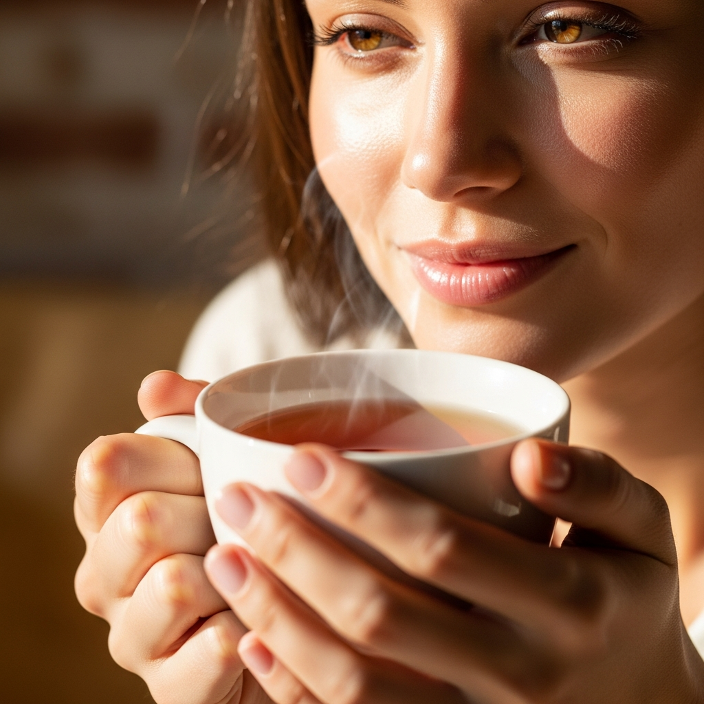 A close-up lifestyle image of a person with glowing, healthy skin, holding a cup of rooibos tea, natural and bright lighting, a subtly textured background, no text.