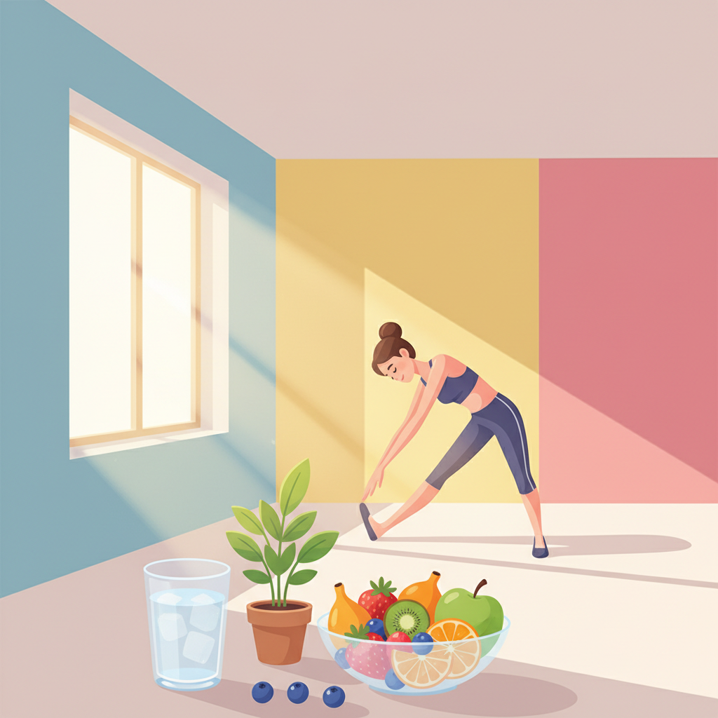 A vibrant and clean illustration of daily healthy habits: a glass of water, fresh fruits, a plant, and a person stretching, soft warm lighting, bright and airy room with colored walls, no text