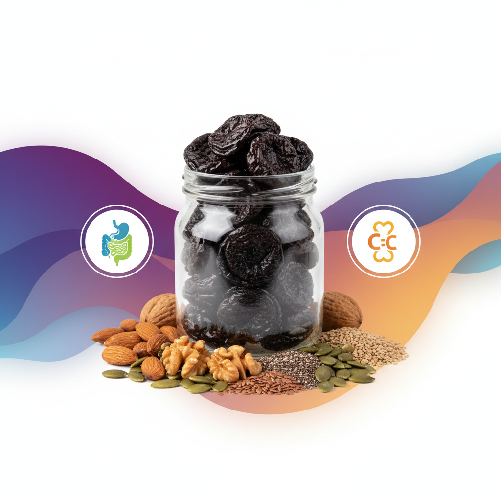 A clean infographic showing a glass jar filled with dried plums (prunes) and various healthy ingredients like nuts and seeds around it, with small illustrative icons representing digestion and bone health, modern layout, high contrast, colorful gradient background, no text