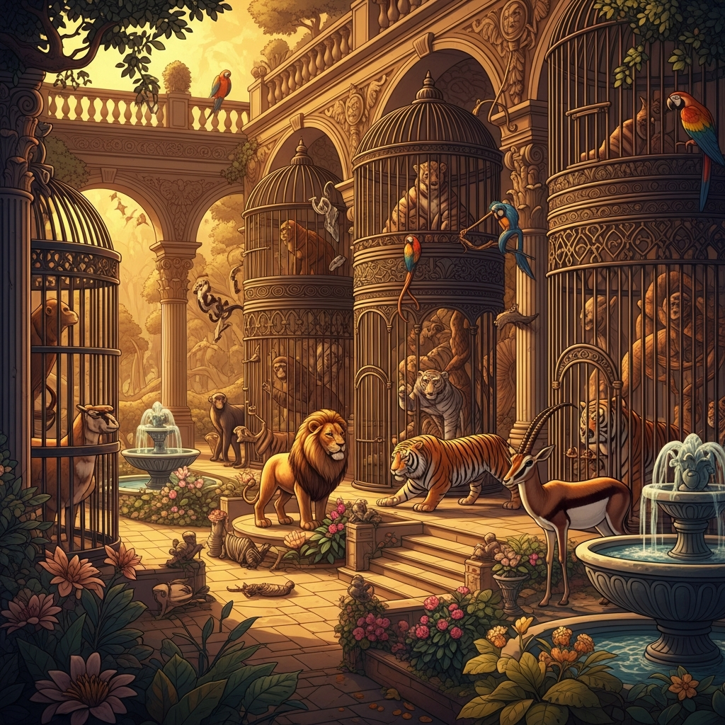 Illustration of an ancient royal menagerie, various exotic animals housed in a grand setting, warm lighting, historical artistic rendering, textured background, no text.