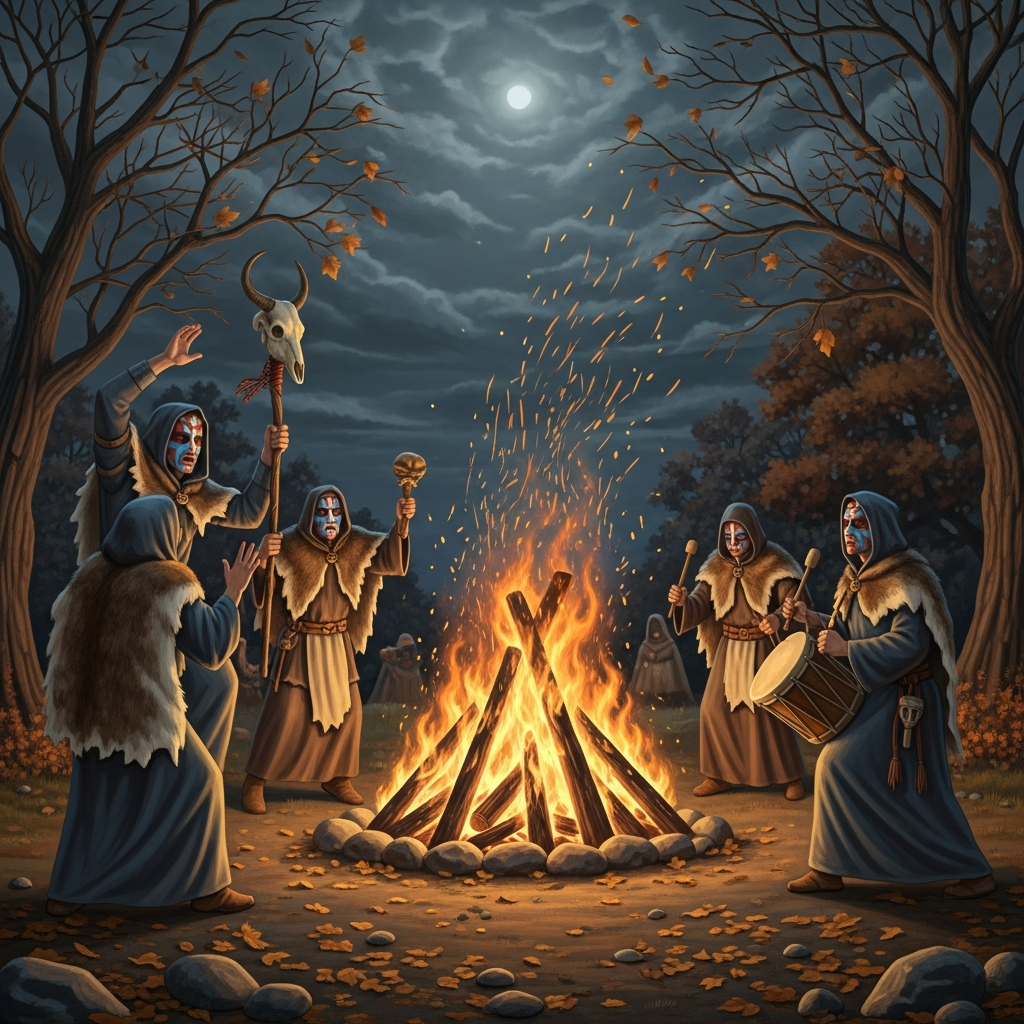 Ancient Celtic Samhain festival scene with robed figures performing rituals by firelight, wearing animal hides and face paint, mystical atmosphere with bonfires and autumn landscape, historical illustration style, no text.