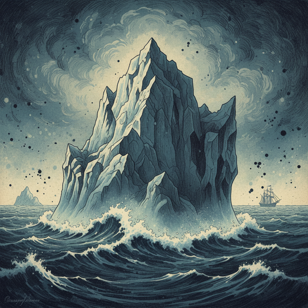 An artistic rendering of a large iceberg in the North Atlantic, with a historical feel, dark blue and gray tones, suggesting danger and mystery, illustration style, textured background, no text