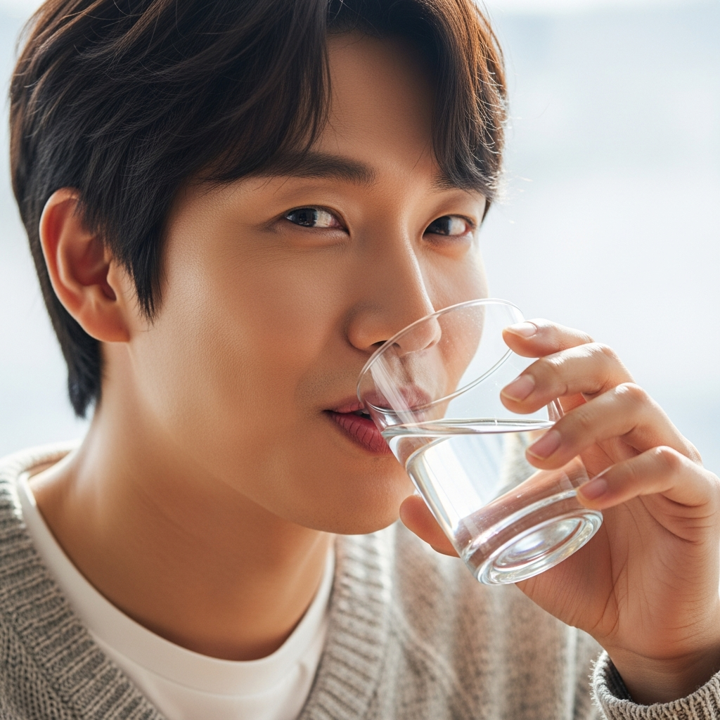 A Korean person drinking a glass of water or gently chewing gum, emphasizing hydration and oral comfort, bright lighting, soft blurred background, lifestyle photography, no text